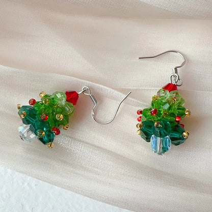 Crystal Beaded Christmas Tree Earrings With Red Bow 🎄 Elegant Holiday Jewelry
