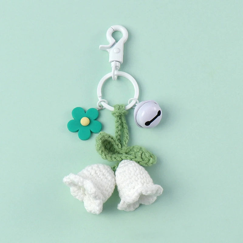 Fluffy Knitted Flower Keychain With Bell 🔔 Crocheted Wool Bag Charm For Women