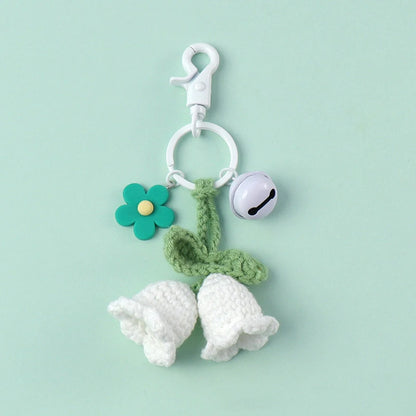 Fluffy Knitted Flower Keychain With Bell 🔔 Crocheted Wool Bag Charm For Women