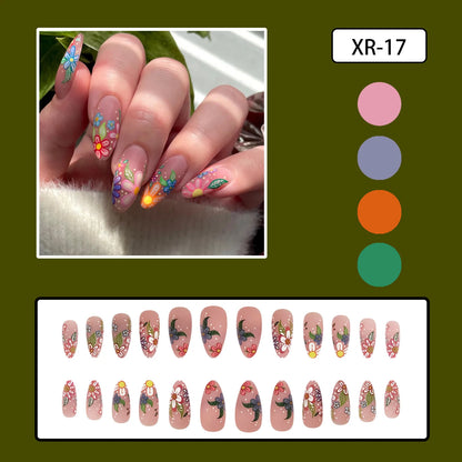 Cute Floral Fantasy 🌸✨ 24pcs Kawaii Press-On Nails - Colorful Almond Shaped Fake Nails for Spring/Summer Fun!