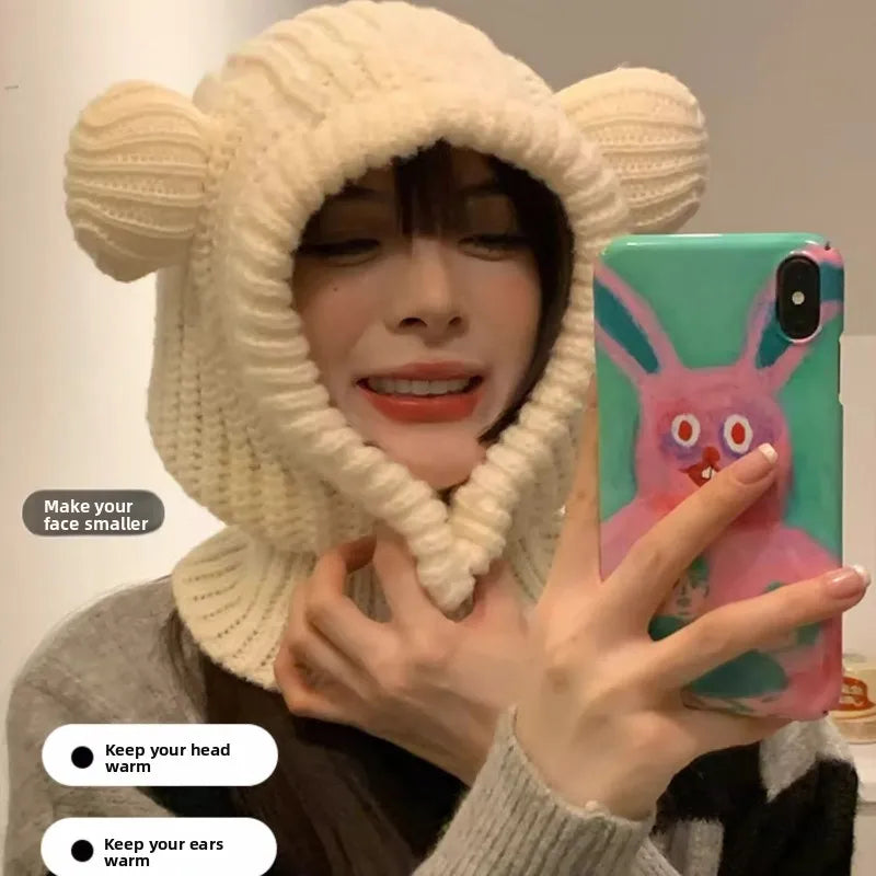 Y2K Winter Knit Balaclava Hat For Women 🐻 Cute Bear Beanie Hooded Scarf