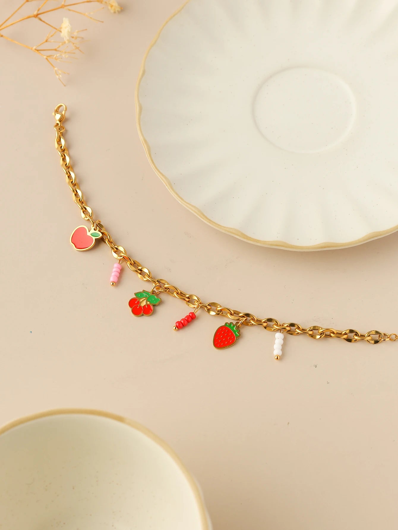 Sweet Charm Bracelet Strawberry Apple Cherry Natural Stone Pendant Jewelry Cute Accessory Girls Gift Party 🍓🍎🍒