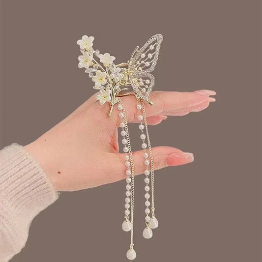 Kawaii Butterfly Pearl Hair Claw 🌸✨ | Cute Red Flower Hairpin for Girls & Women 🎀 | Perfect Festival & Party Accessory!