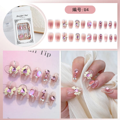 Kawaii Blush Pink 3D Bowknot & Pearl Press-On Nails 💖✨ | 24pcs Adorable Fake Nail Tips for Cute DIY Manicures!