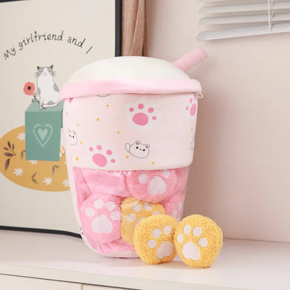 Kawaii 6pcs Boba Milk Tea Pudding Plushies 🥤🐾 - Adorable Cat Paw & Wolfberry Sofa Decor Gifts for Kids & Teens ❤️✨