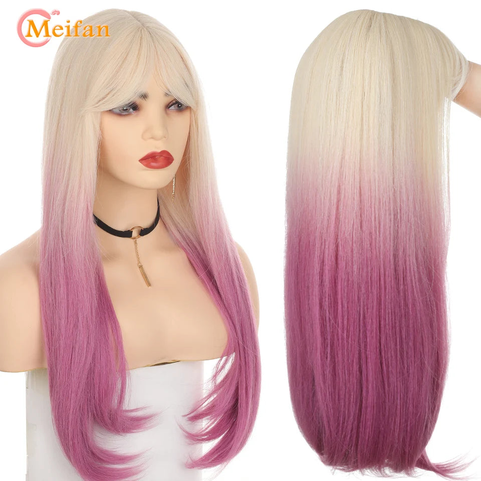 Kawaii Ombre Pink & Blonde Long Straight Wig 🎀✨ - Cute Lolita Cosplay Hair for Parties & Halloween! 🌸🖤