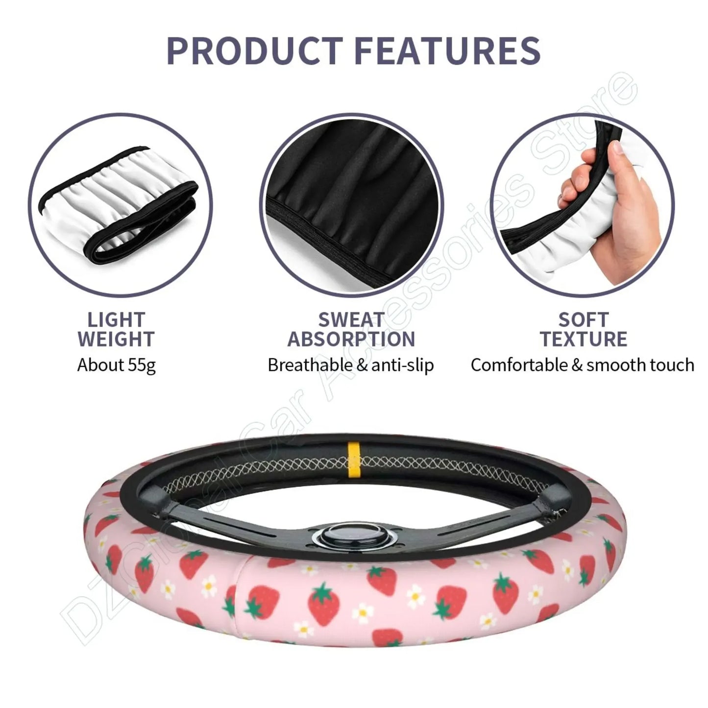 Kawaii Strawberry Flowers Steering Wheel Cover 🌸🍓 | Anti-Slip Elastic Car Accessory 🌈 | Universal Fit 15" Protector 🛡️