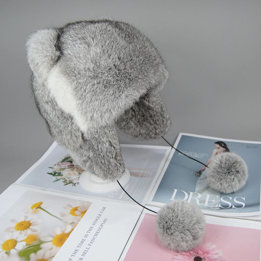 Lux Real Rabbit Fur Bomber Hat for Women with Pom Pom Warm Winter Cap ❄️🐰