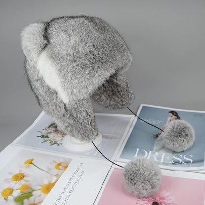 Lux Real Rabbit Fur Bomber Hat for Women with Pom Pom Warm Winter Cap ❄️🐰