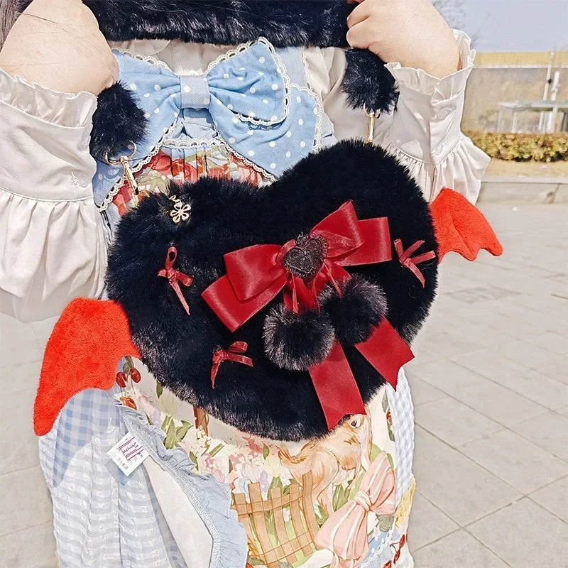 Kawaii Plush Heart Shoulder Bag 💖✨ | Fluffy Bow Armpit Bag 👜 | Cute Winged Lolita Aesthetic Fashion