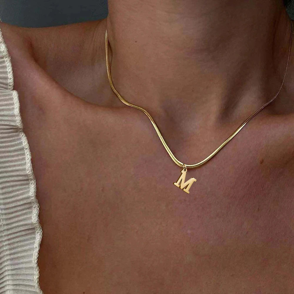 Kawaii Initial Letter Necklace 🌟✨ | Gold Plated Stainless Steel Pendant with Snake Chain for Trendy Women 💖🌸