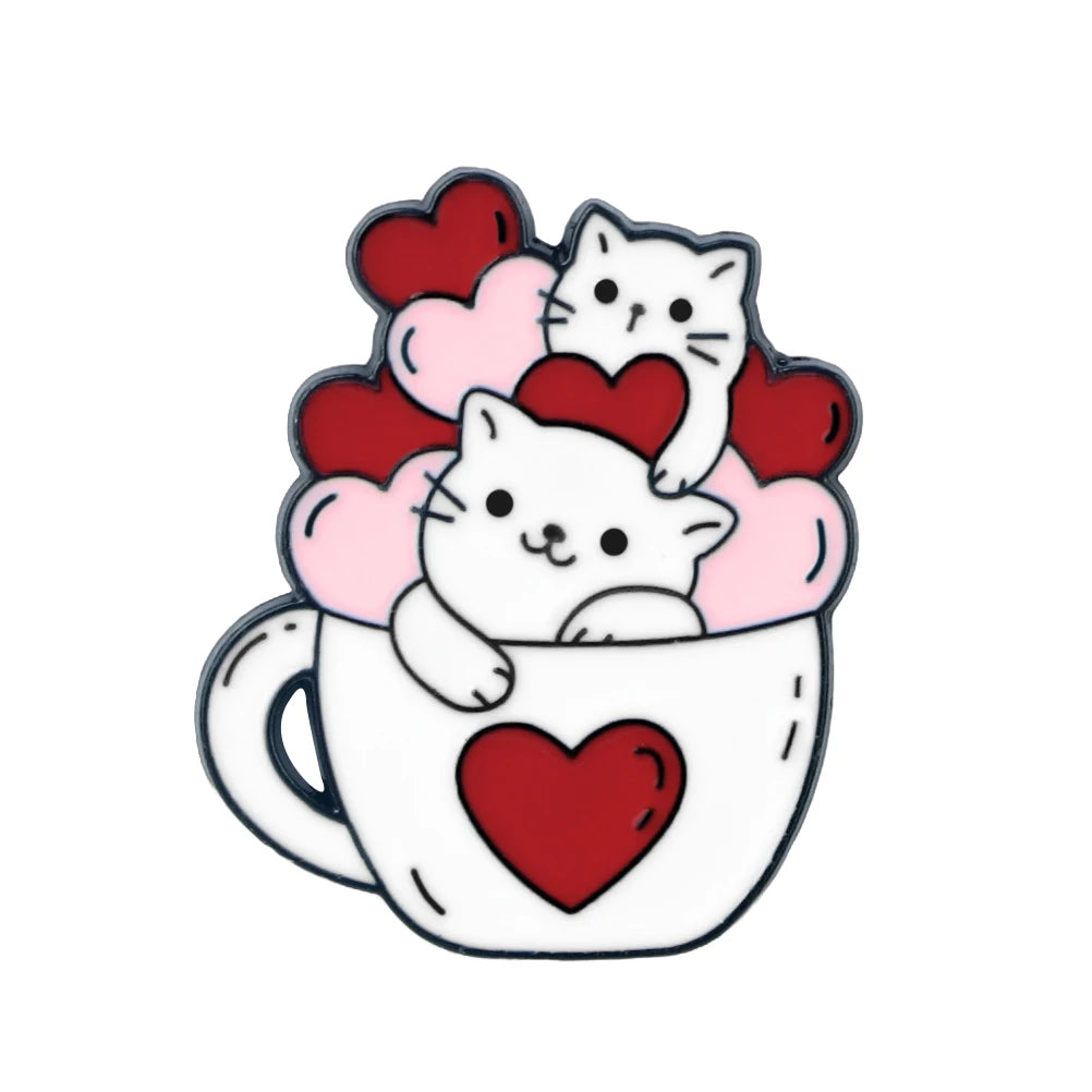 Kawaii Wink Cat Brooch with Red Heart ❤️ | Cute Cup Kitty Enamel Pin for Cat Lovers 🐾 | Perfect Gift for Friends 🎁