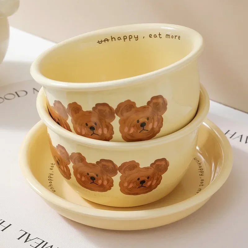 Kawaii Bear Ceramic Ramen Bowl 🍜🐻 - Adorable Yellow Soup & Salad Dish! 🌼