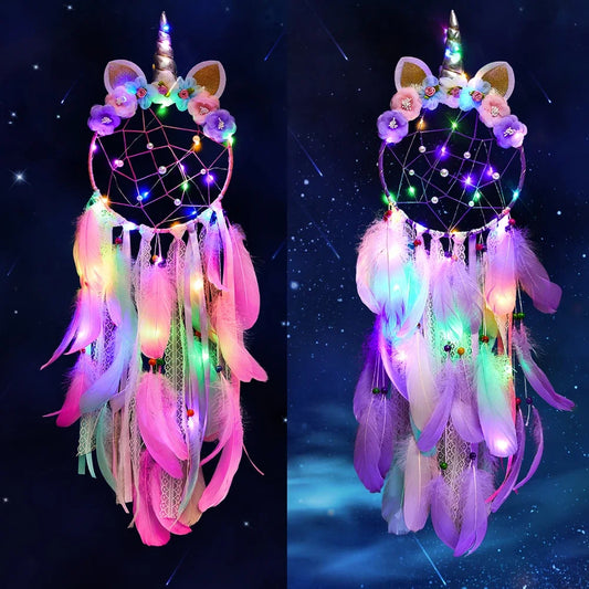 Kawaii Unicorn Dream Catcher 🌈✨ | Whimsical Boho Room Decor 🦄 | LED Baby Bedroom Gift 🎁 | Handcrafted Wall Hanging for Christmas & More!