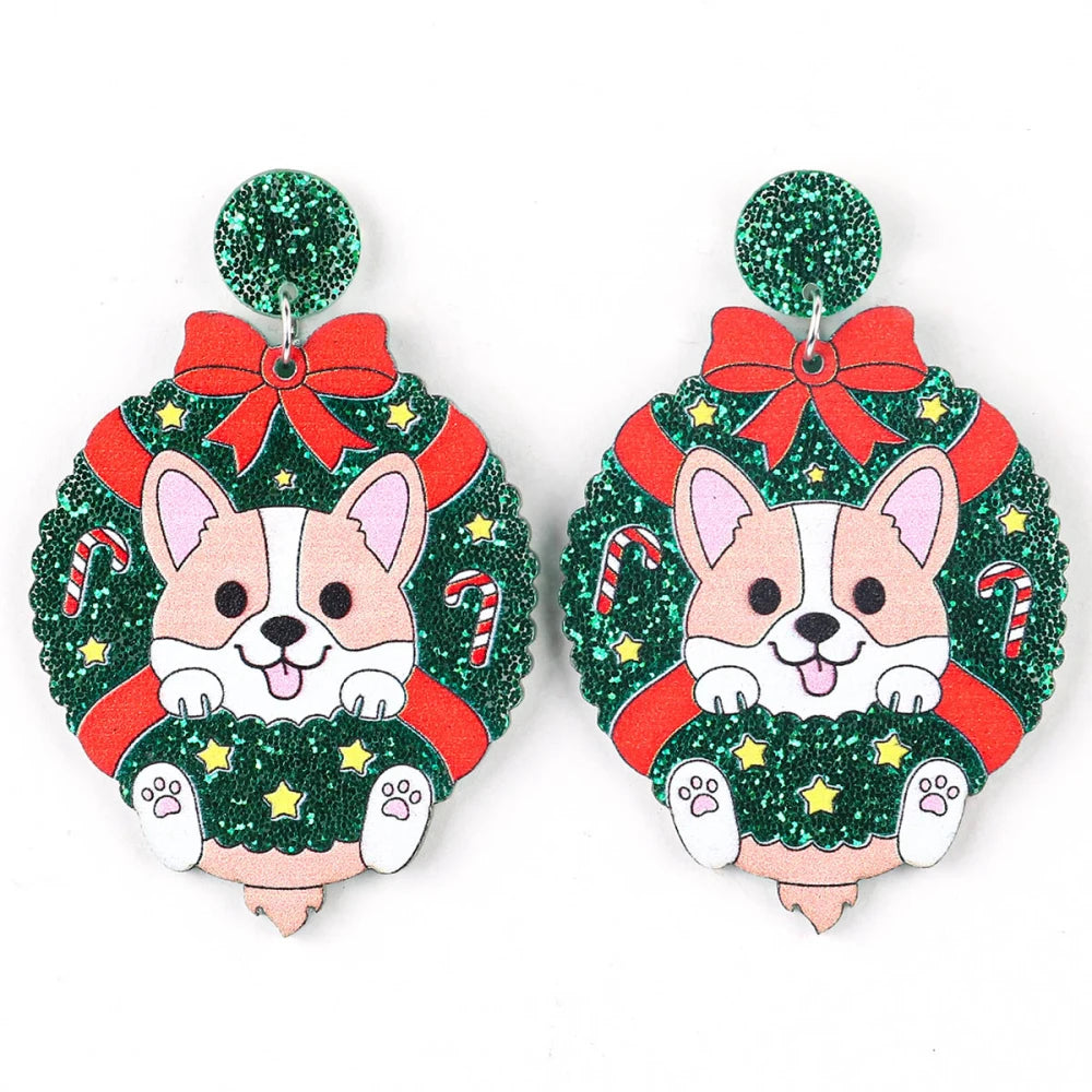 Christmas Acrylic Wreath Drop Earrings Women Dog Cat Glitter Cute New Year 🎄🐶🐱
