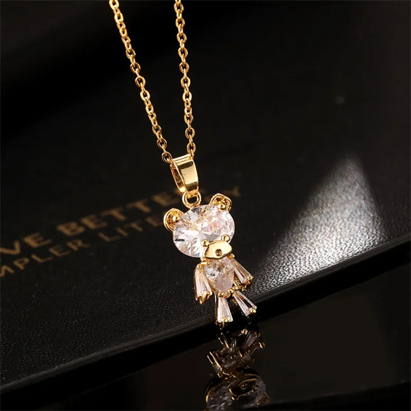 Pink Zircon Necklace Personalized 🐰🌸 Animal Clavicle Chain Stainless Steel