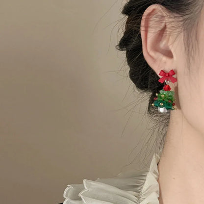 Crystal Beaded Christmas Tree Earrings With Red Bow 🎄 Elegant Holiday Jewelry