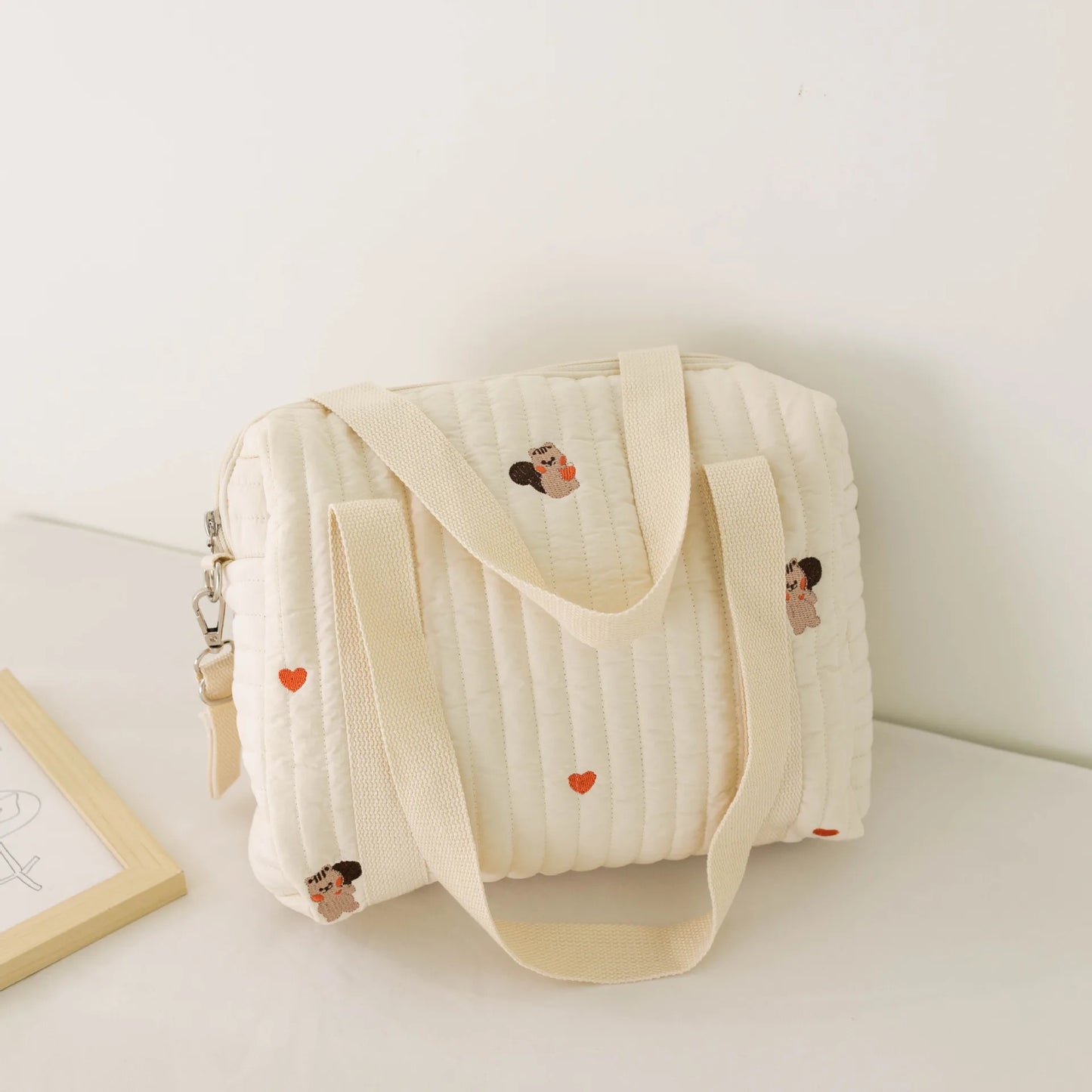 Kawaii Bear Embroidered Baby Diaper Bag 🐻💕 | Stylish Quilted Mummy Messenger Bag for Newborn Care & Stroller Storage 🌈✨