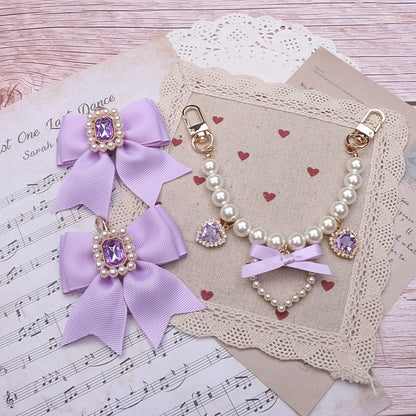 Kawaii Pearl Bow Rhinestone Love Pendant Bag Charm 🎀 | Handmade Japanese Sweet Accessories for Girls 💖✨