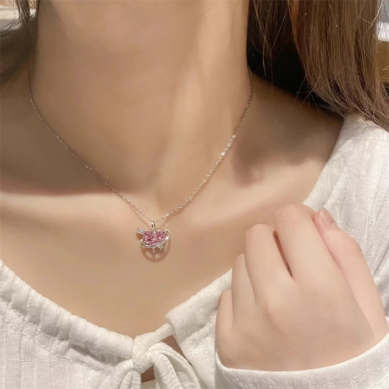 Kawaii Pink Planet Heart Zircon Pendant Necklace 🌟💖 | Trendy Clavicle Chain for Fashionable Women | Perfect Valentine's Day Gift 🎁✨