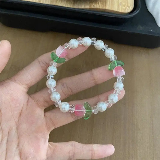 🌼 Kawaii Colorful Crystal Bead Bracelet ✨ Sweet Tulip Charm for Trendy Girls 💖 Aesthetic Jewelry Delight!