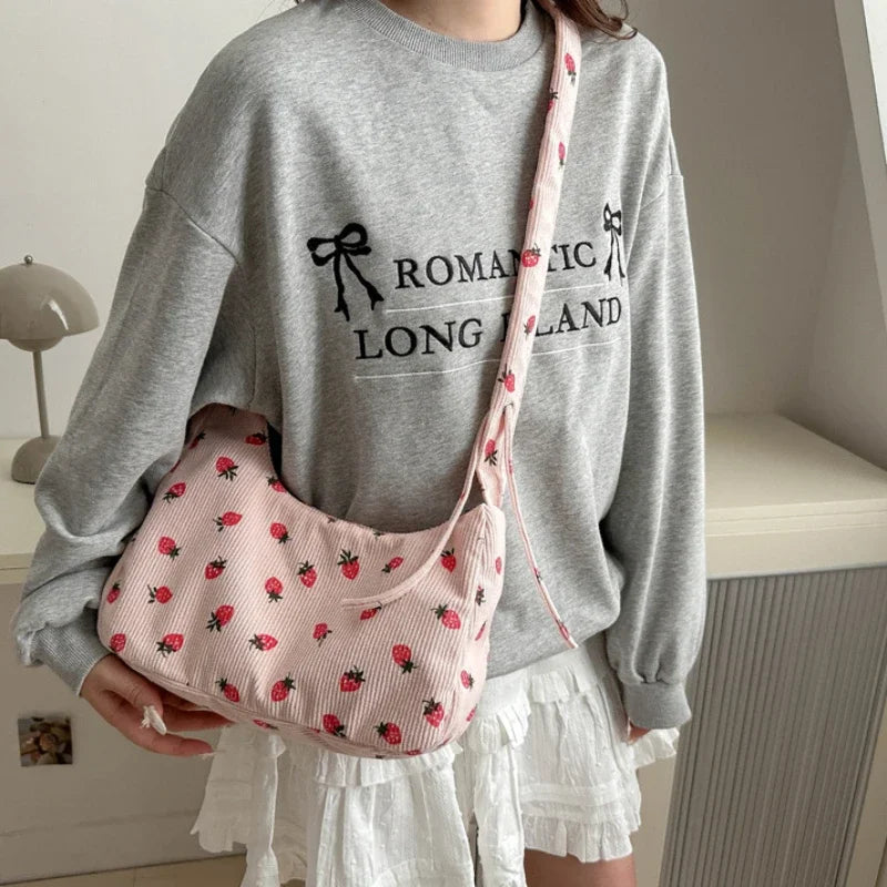 🍓Cute Corduroy Strawberry Shoulder Bag 🌟 Soft & Versatile Crossbody for Trendy Students! 💖 - Pixie Quill