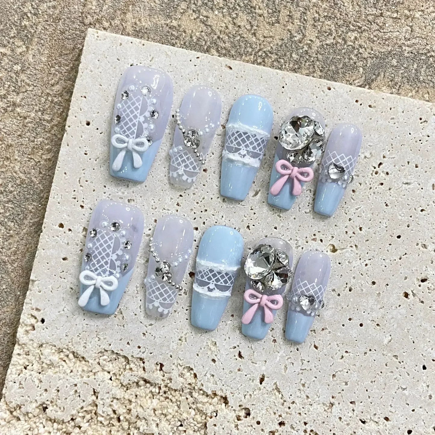 Kawaii 3D Press-On Nails Set 💖✨ - 10Pcs with Love Hearts, Moon, Butterfly & Rhinestones 🌙🦋 - Perfect for Nail Art Lovers!