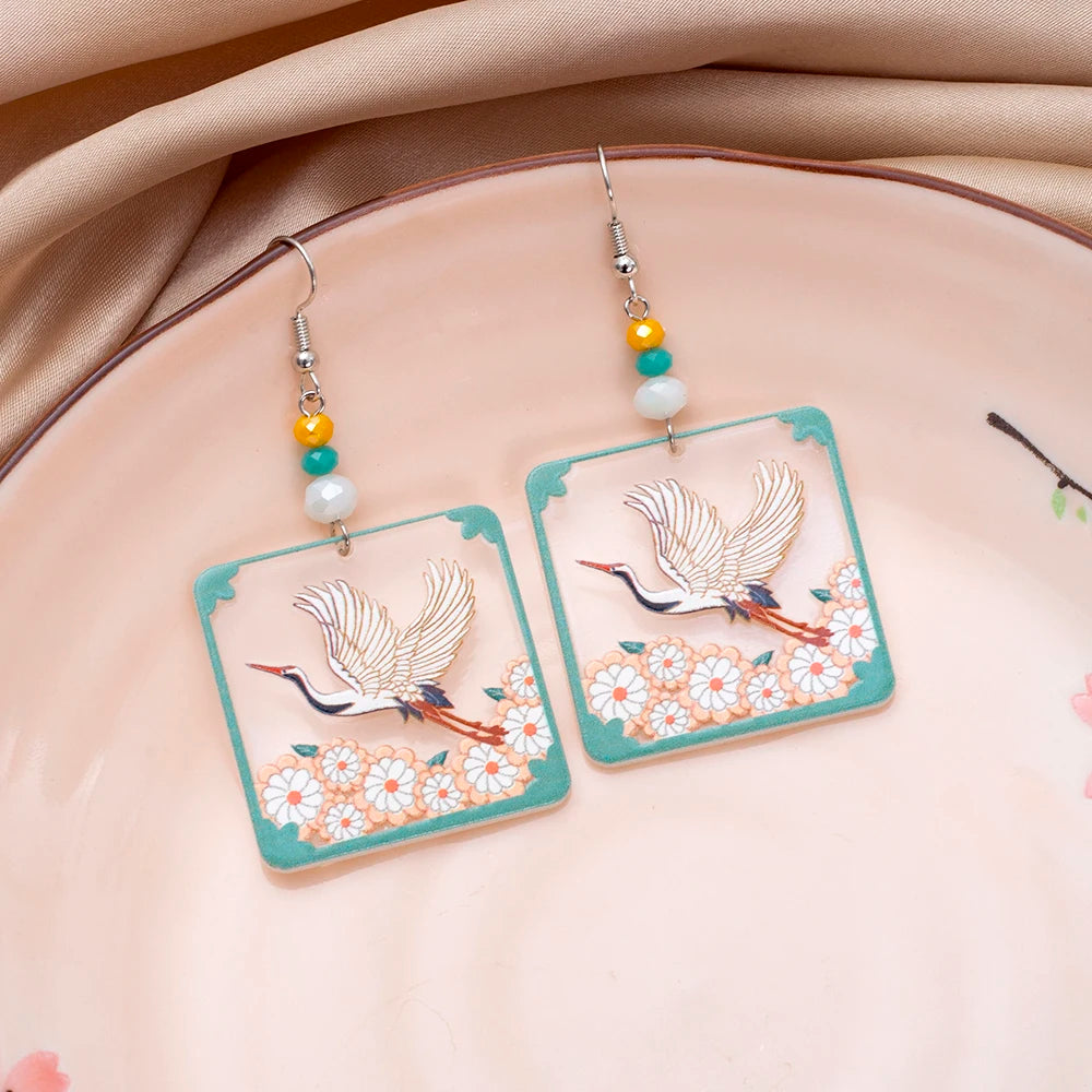 Transparent Square Acrylic Earrings With Crane Flower Design Geometric Drop 🌸