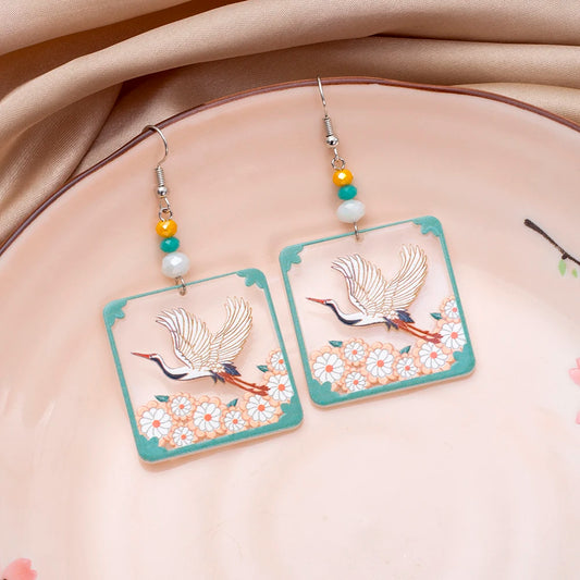 Transparent Square Acrylic Earrings With Crane Flower Design Geometric Drop 🌸