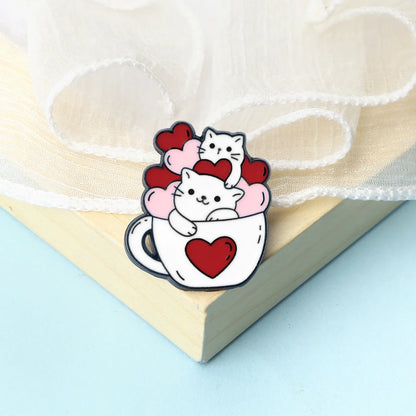 Kawaii Wink Cat Brooch with Red Heart ❤️ | Cute Cup Kitty Enamel Pin for Cat Lovers 🐾 | Perfect Gift for Friends 🎁