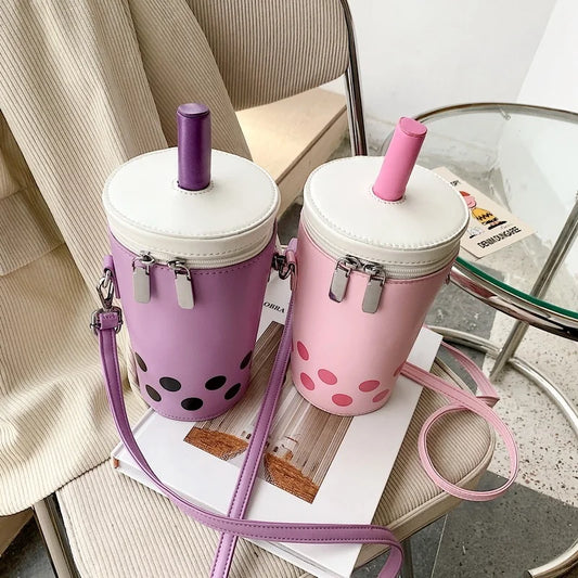 Kawaii Cartoon Milk Tea Crossbody Bag 🍵✨ - Chic PU Bucket Shoulder Bag for Women, Luxury Mobile Phone Carrier! 👜💕