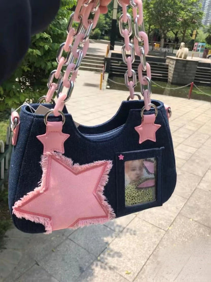 Splicing Hit Color Handbag Niche Design Chain Cowboy Handbag Star American Retro Itabag Y2k Shoulder Bag 2023 New Women'S Bag
