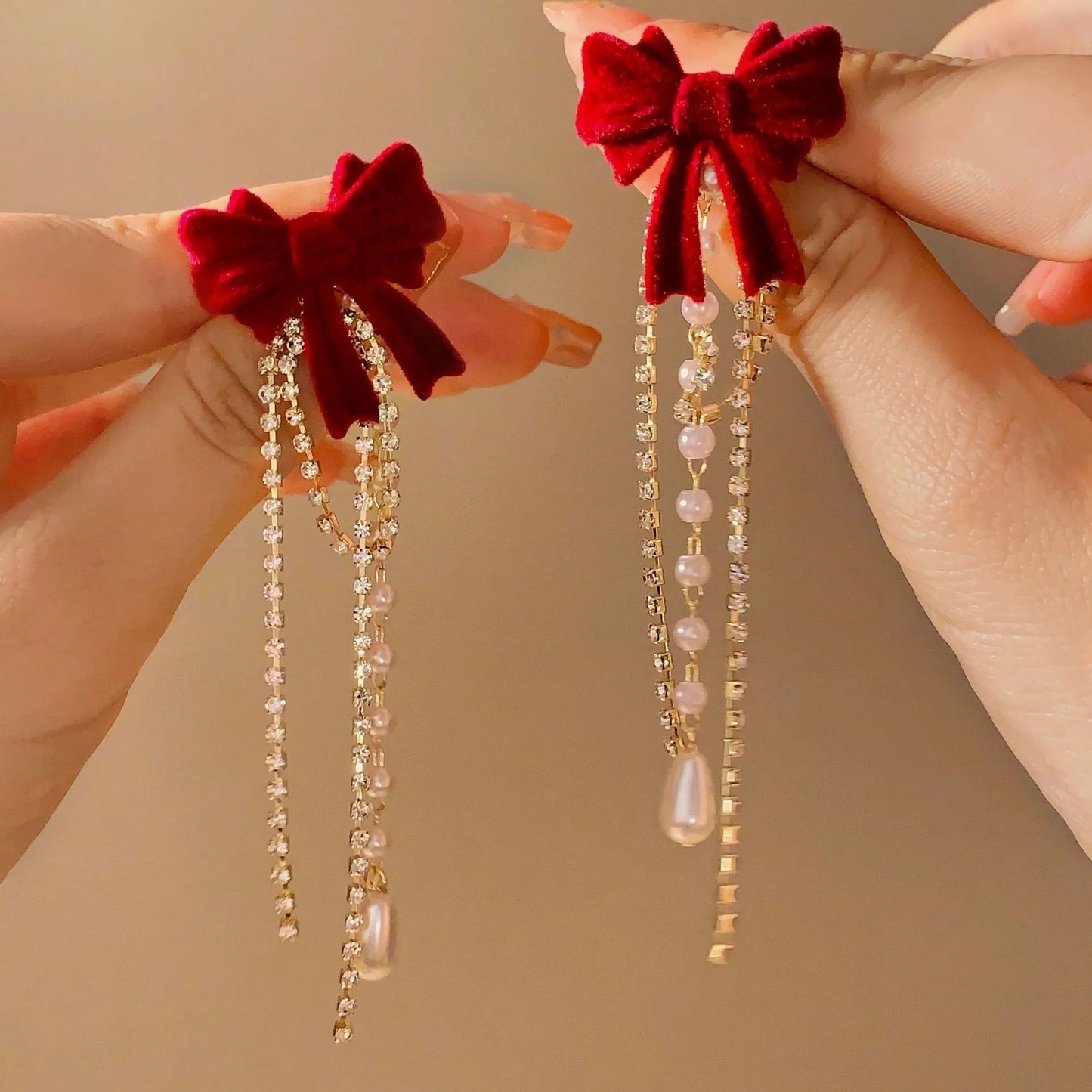 Charming Wine Red Bow Pearl Tassel Earrings 🎀🌟 | Kawaii 2024 Bridal Jewelry ✨