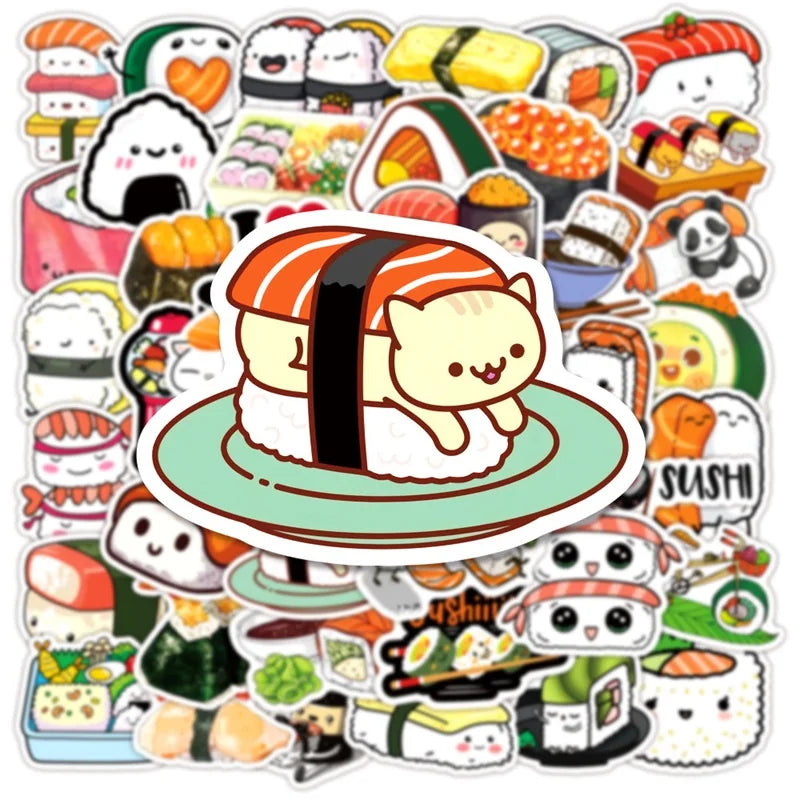 Kawaii Cartoon Sushi PVC Stickers 🍣✨ | 10/30/50PCS Aesthetic Scrapbooking Decor for Kids 🎨💕