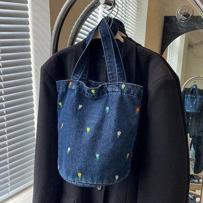 Kawaii Embroidered Denim Bucket Bag 🌸✨ - Trendy Large Capacity Shoulder Tote for 2024!