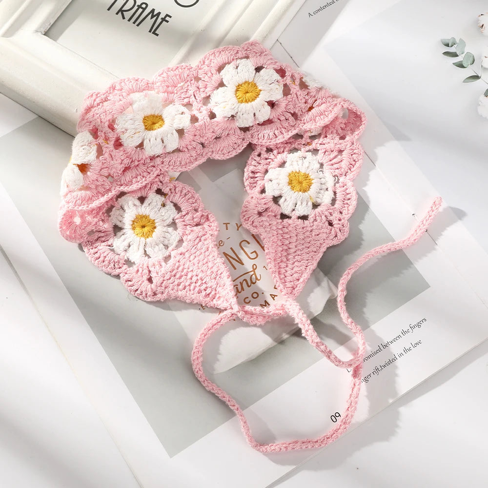 Kawaii Boho Flower Crochet Headband 🌸✨ Vintage Turban Hair Scarf for Women - Fashionable Accessory for Every Season!