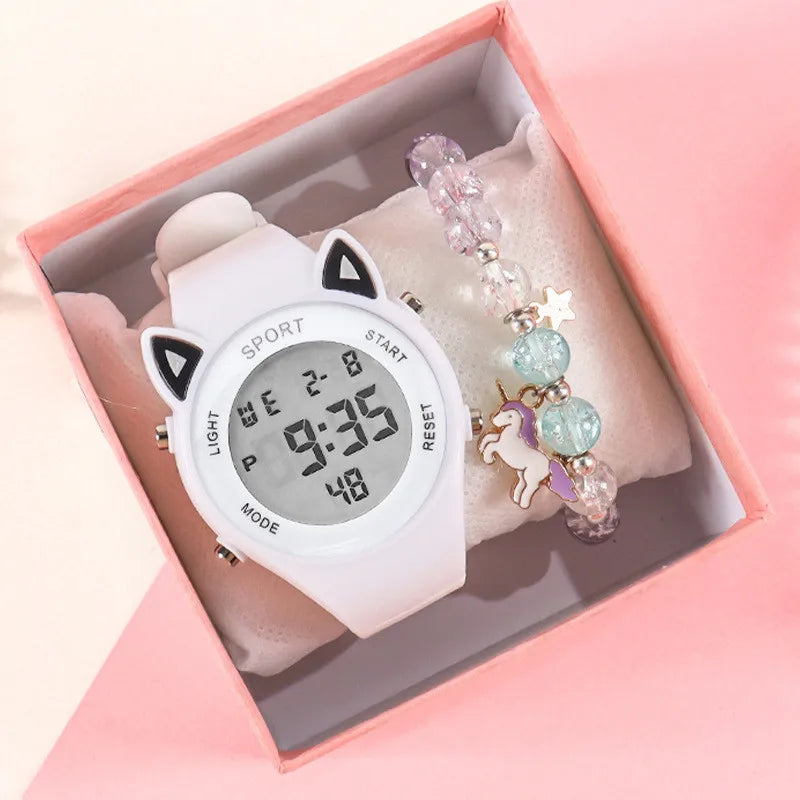 Kawaii Cat Ear Silicone Watch & Unicorn Bracelet Set 🐾✨ | Multi-Functional Fun for Kids! 🌈💖