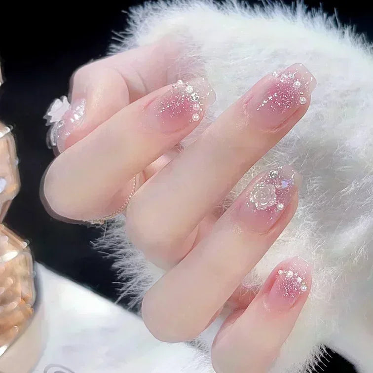 Kawaii Blush Pink Glitter Cat Eye Press-On Nails 💖✨ | 24Pcs Cute Coffin Full Cover Short Square Nail Art Tips