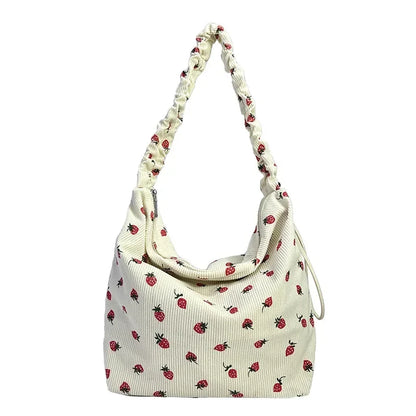 Cute Strawberry Print Corduroy Bucket Bag 🍓✨ | Stylish Pleated Crossbody Messenger Handbag for Women 💖