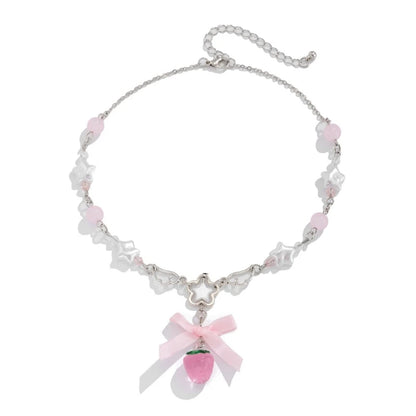 White Pentagram Strawberry Choker Necklace With Bowknot Charm 🍓🎀