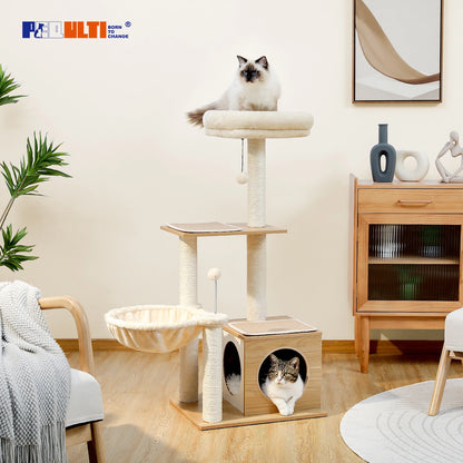 Deluxe Level Cat Tree For Indoor Cats With Cozy Condo Hammock 🐱🪵 Sisal Posts