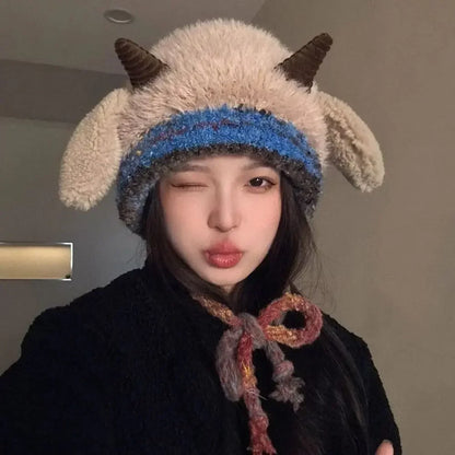 Cute Plush Knit Beanie With Earmuffs Horn Design Winter Hat For Women❄️