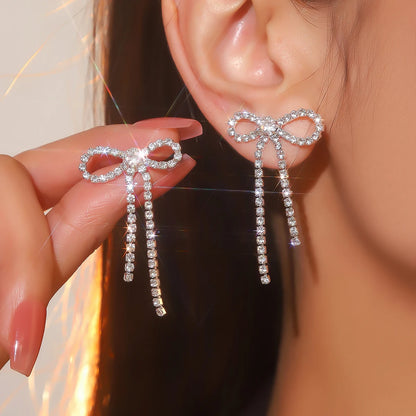 Kawaii Charm ✨ Colorful Rhinestone Bow Dangle Earrings with Long Tassels 🌈 Cute Sparkly Jewelry for Women