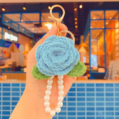 Fluffy Knit Rose Keychain Crochet Flower Pendant With Pearl Wrist Strap 🎀🌸🧶