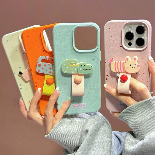 Kawaii 3D Animal Finger Ring Phone Case for iPhone 16/15/14/13/12/11 Pro Max 🐶🐱🐰 – Cute & Functional Stand Cover!