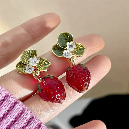 Kawaii Strawberry Blossom Drop Earrings 🍓✨ | Cute 3D Fruit & Leaf Jewelry for Girls 🌼💖