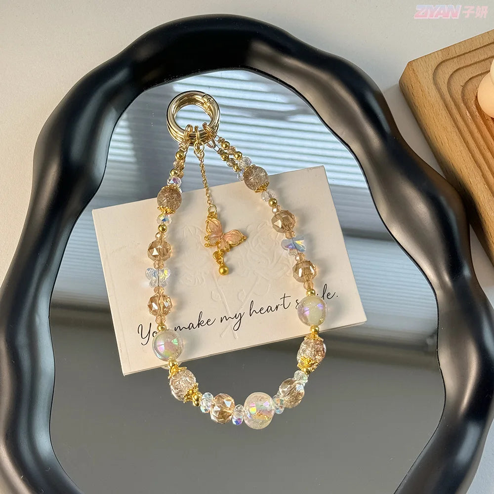 Crystal Phone Chain With Butterfly Pendant, Sweet Gold Bead Wrist Strap 💎🦋