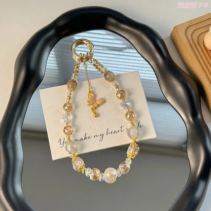 Crystal Phone Chain With Butterfly Pendant, Sweet Gold Bead Wrist Strap 💎🦋