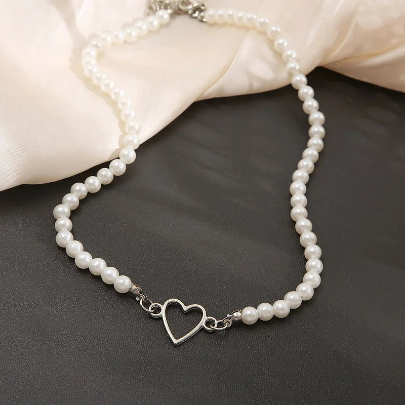 Kawaii Vintage Heart Pendant Necklace 💖✨ - Trendy Pearl & Link Chain Jewelry for Women 🎀 Perfect Gift!