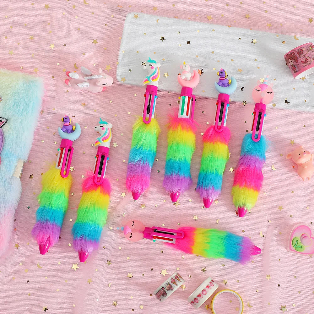 Kawaii Unicorn Plush Gel Pens Set 🎨✨ | 6 Colorful Rainbow Ballpoint Pens for Kids 🌈 | Adorable Handwriting Tools for School & Fun! 🦄💖